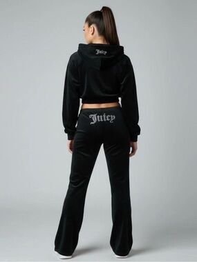 Juicy Couture Women’s Black Velour Track Pants Rhinestone Leg Wide-Leg L-34W